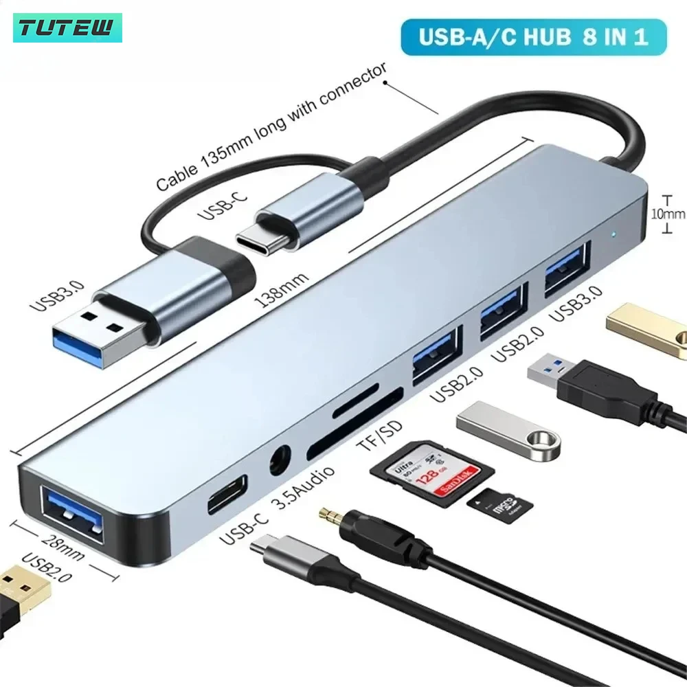 Audio Music Splitter - 8-in-1-USB-C-Hub, USB-Splitter, USB-Extender mit 4 USB-Anschlüssen,