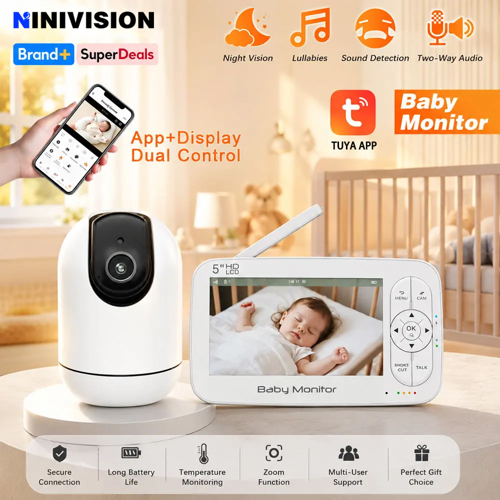 Audio Music Network - Intelligenter WLAN-Babymonitor mit 5-Zoll-LCD-Bildschirm, 4-fachem PTZ-Zoom,