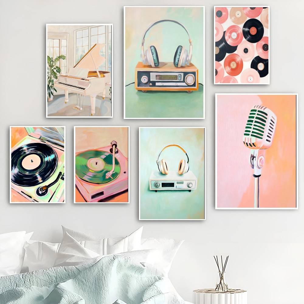 Audio Music Wallpaper - Vintage Audio-Papierposter Handgemaltes Plattenspieler-Klassisches Radio Musiktechnik